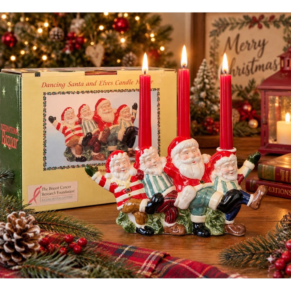 International Bazaar Dancing Santa and Elves Ceramic 3 Taper Candle Holder